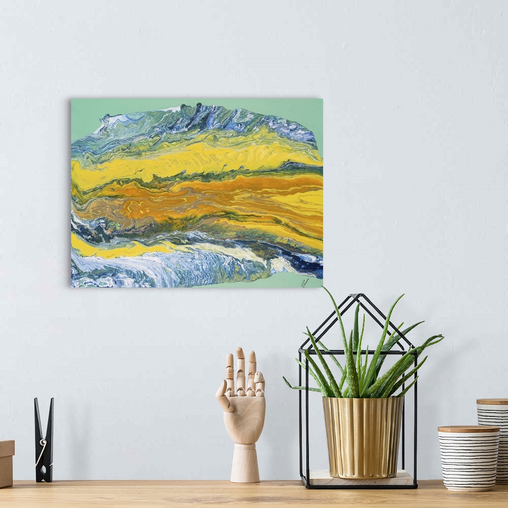 A bohemian room featuring Abstract contemporary artwork with layers of blue and yellow.