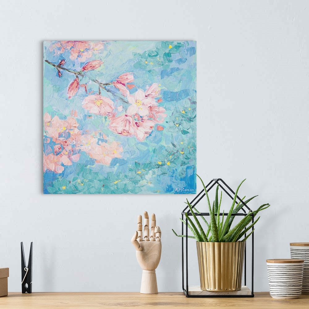 A bohemian room featuring Contemporary painting of little pink flowers on the ends of branches against a blue background.