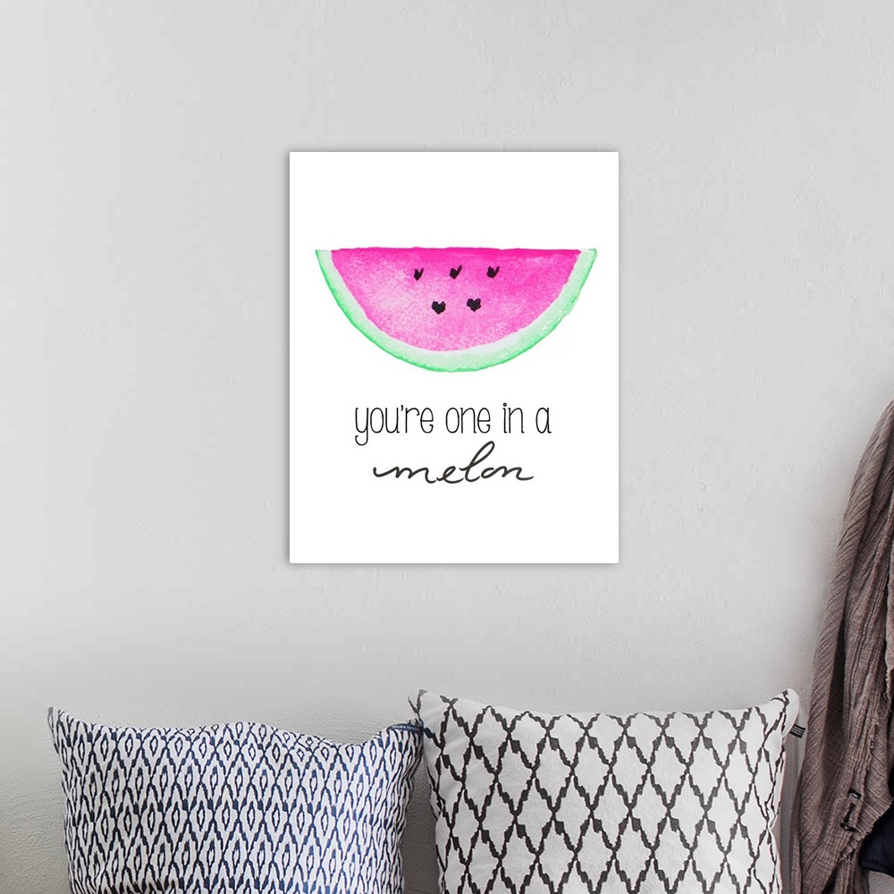 A bohemian room featuring Watercolor painting of a slice of watermelon with the phrase "you're one in a melon" written at t...
