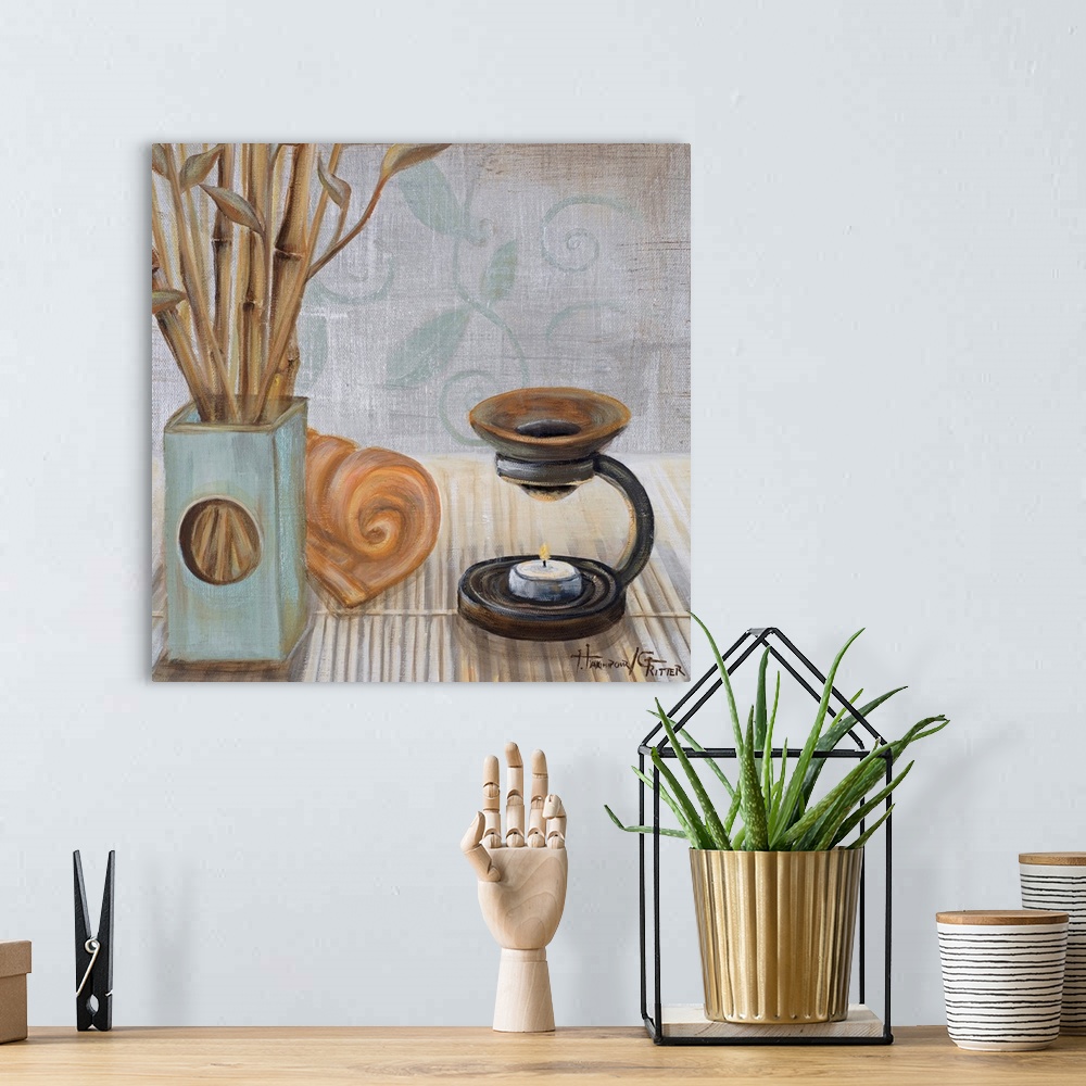 A bohemian room featuring Square acrylic still life painting of bamboo, incense and objects suggesting serenity and calmness.