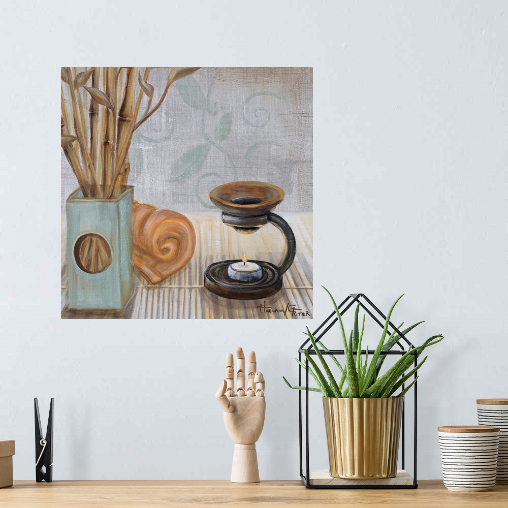 A bohemian room featuring Square acrylic still life painting of bamboo, incense and objects suggesting serenity and calmness.