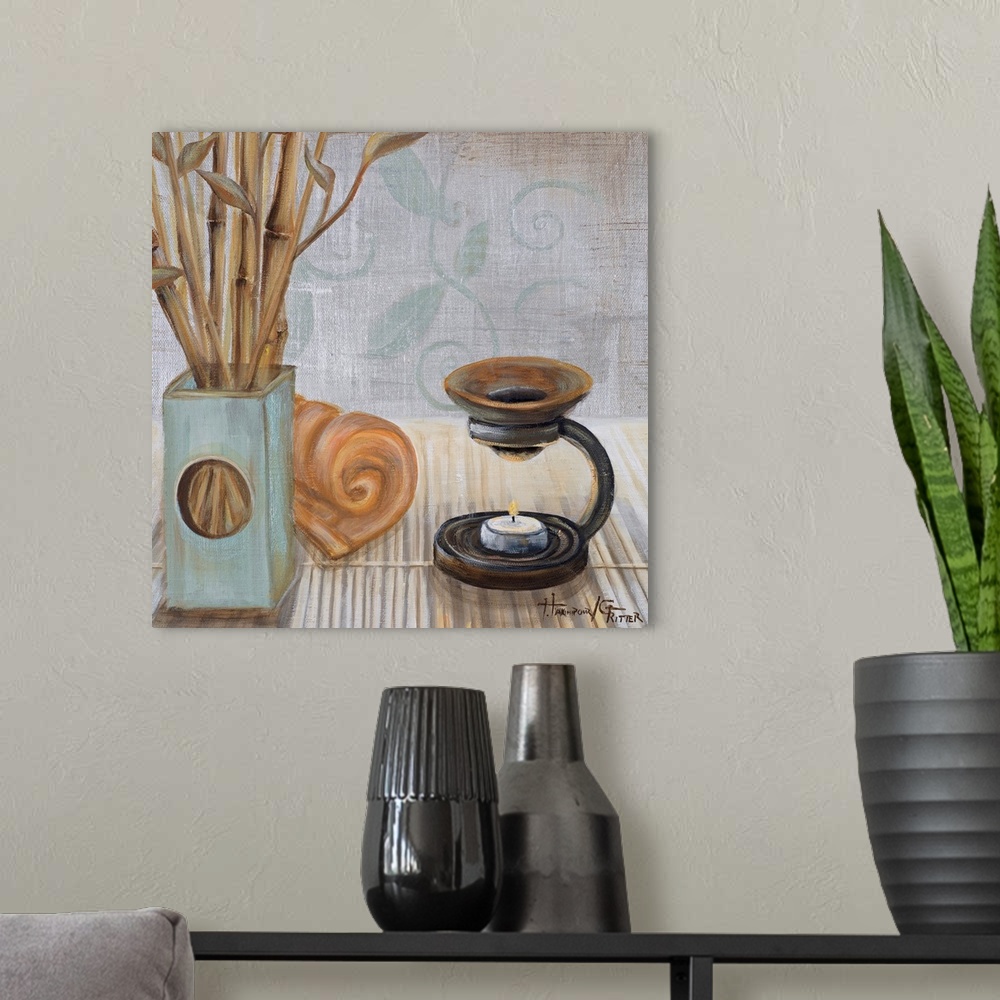 A modern room featuring Square acrylic still life painting of bamboo, incense and objects suggesting serenity and calmness.