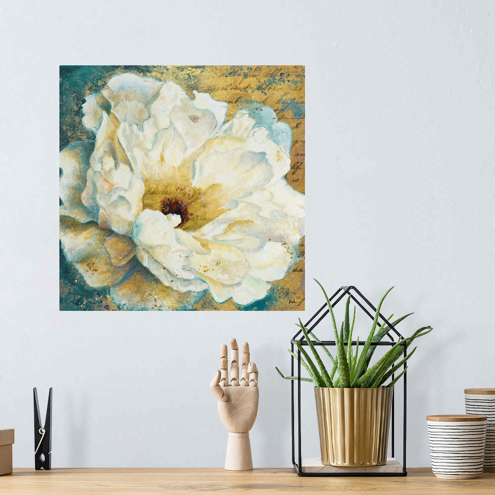A bohemian room featuring Contemporary painting of a large white peony flower.