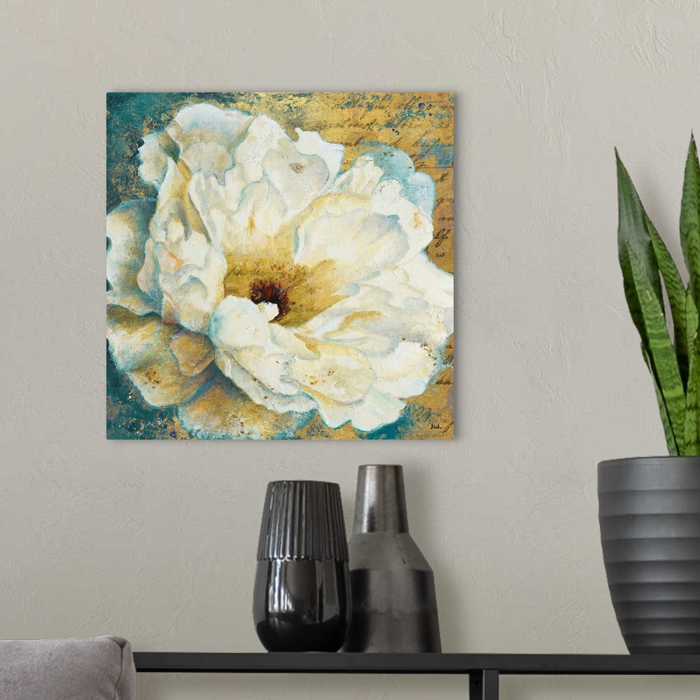 A modern room featuring Contemporary painting of a large white peony flower.
