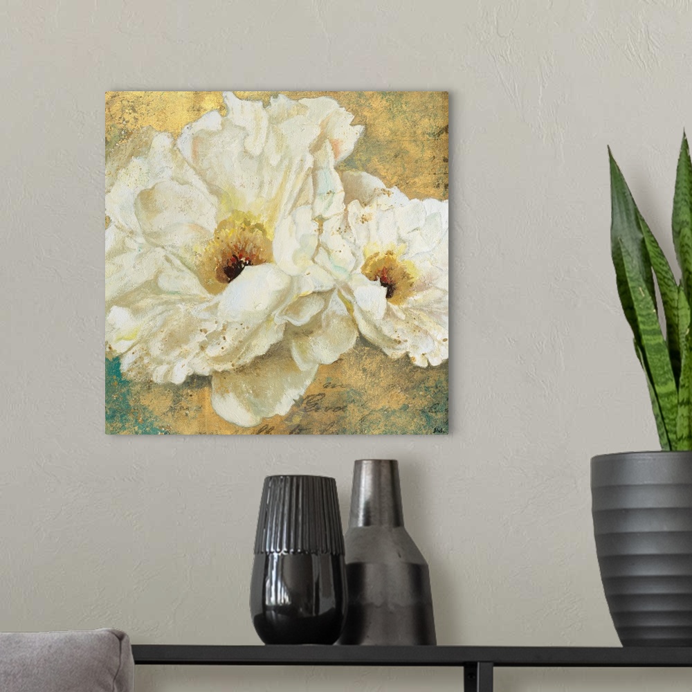 A modern room featuring Contemporary painting of a large white peony flower.