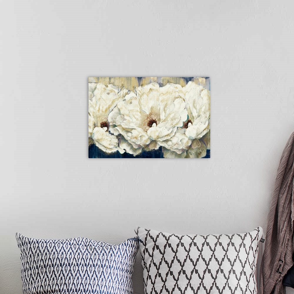 A bohemian room featuring Contemporary artwork of fluffy white peony flowers with speckling textures throughout.