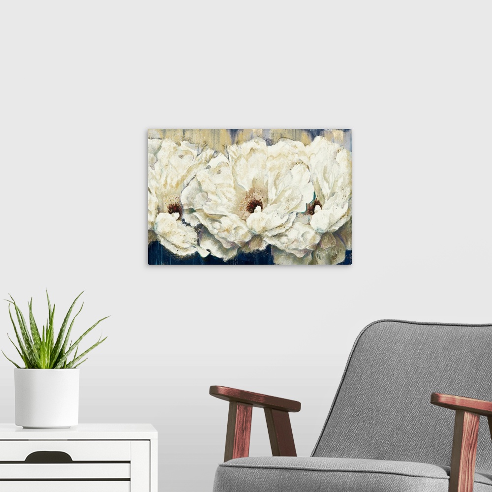 A modern room featuring Contemporary artwork of fluffy white peony flowers with speckling textures throughout.