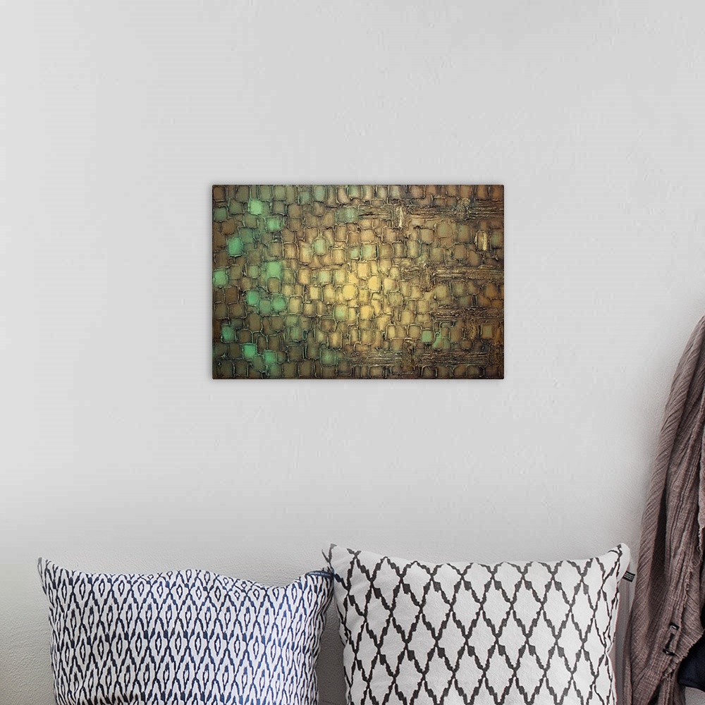 A bohemian room featuring Abstract urban grunge distressed abstract wall art canvas print in brown beige and aqua.