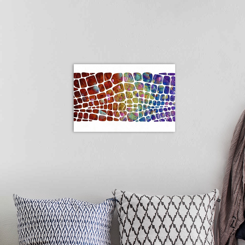 A bohemian room featuring Abstract painting with a multicolored scale pattern on a white background.