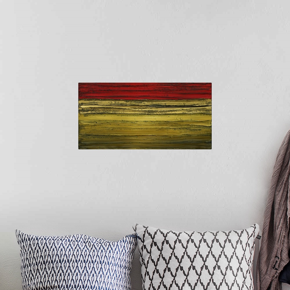A bohemian room featuring Large abstract painting with horizontal brushstrokes in gold and dark red.