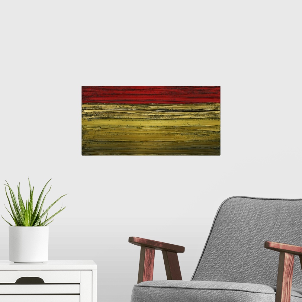 A modern room featuring Large abstract painting with horizontal brushstrokes in gold and dark red.