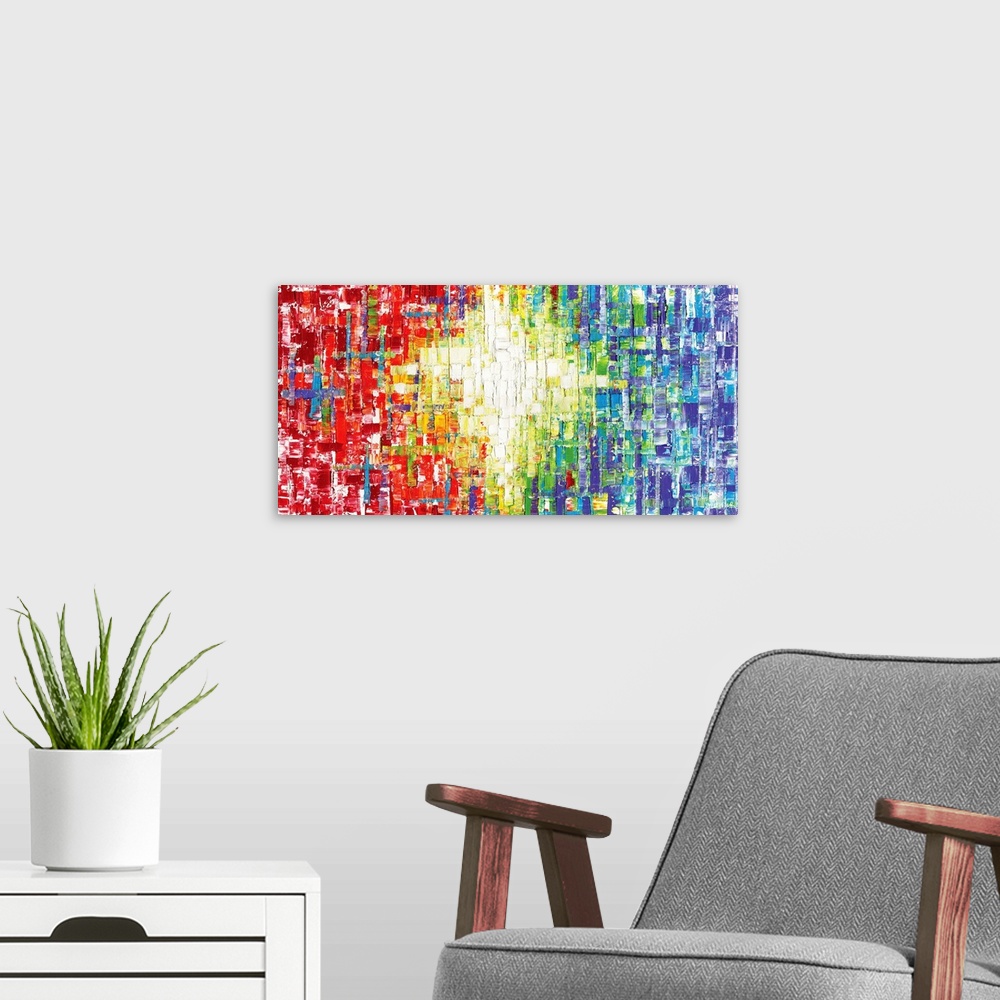 A modern room featuring Large abstract painting made with all of the colors of the rainbow in layered brushstrokes creati...