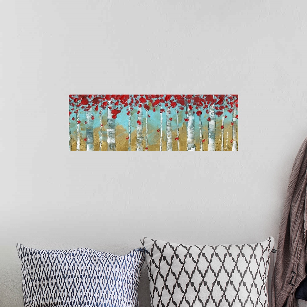 A bohemian room featuring Panoramic painting of Birch trees on a gold and light blue background with bright red leaves.