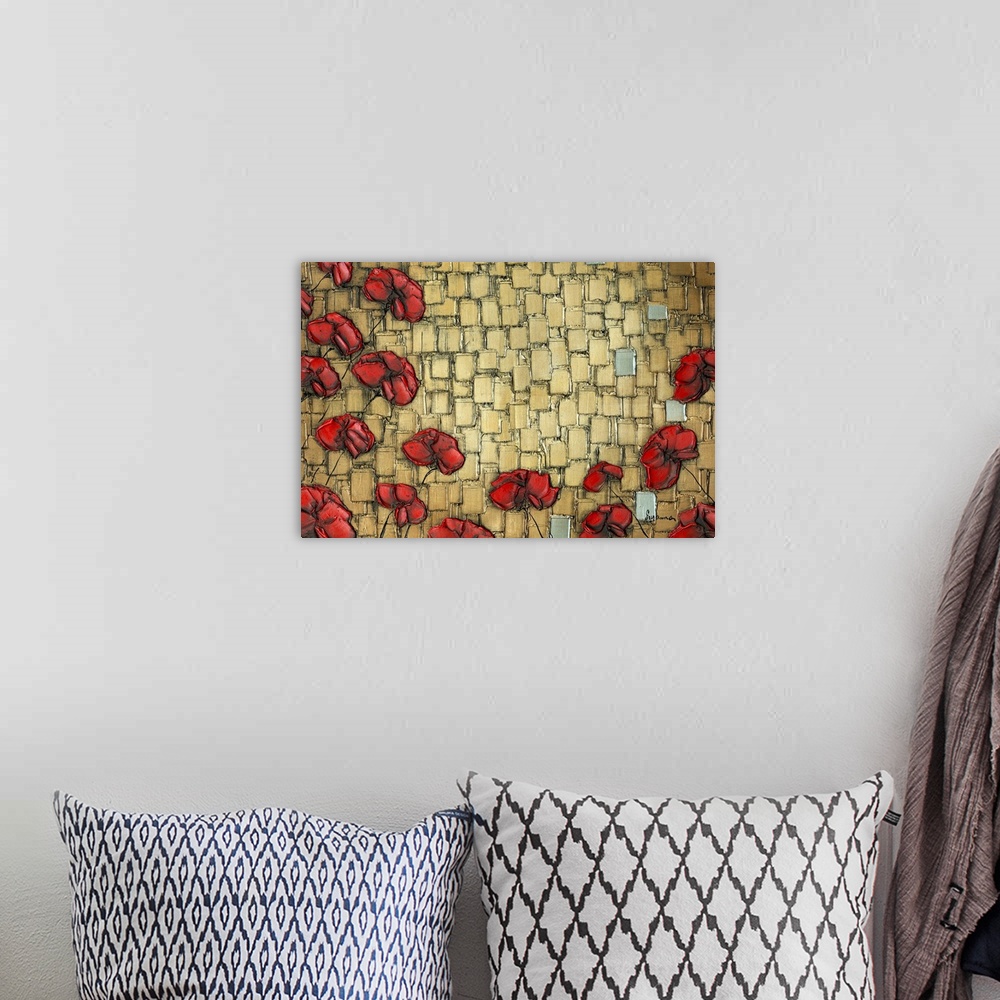 A bohemian room featuring Abstract red poppy flowers on a textured gold background created with layered square brushstrokes...