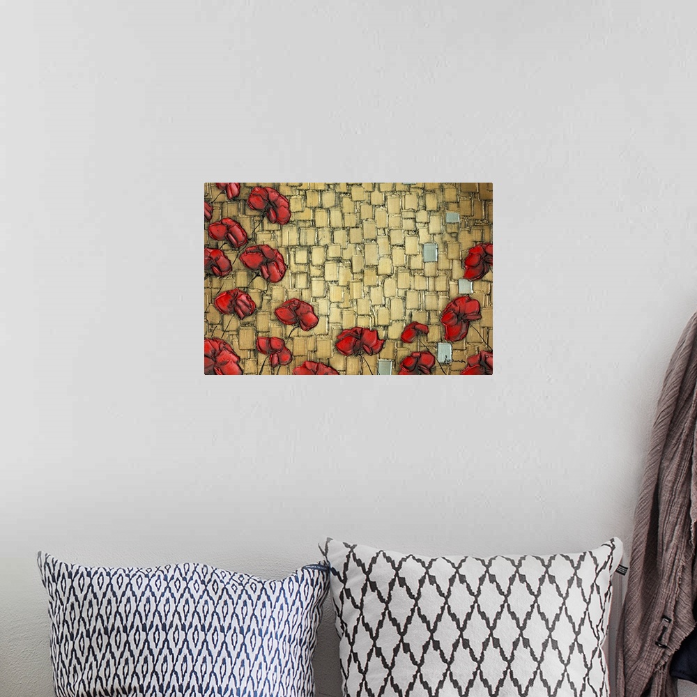 A bohemian room featuring Abstract red poppy flowers on a textured gold background created with layered square brushstrokes...