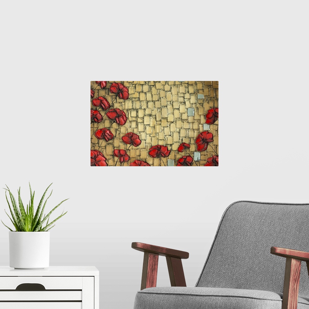 A modern room featuring Abstract red poppy flowers on a textured gold background created with layered square brushstrokes...