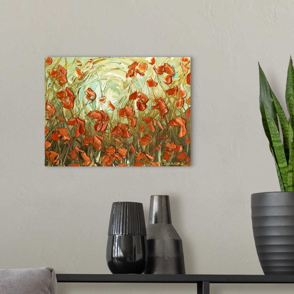 A modern room featuring Abstract painting of amber poppies in a field with a light green, blue, and yellow background.