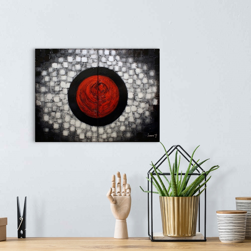 A bohemian room featuring Abstract painting with a large red circle in the center inside of a larger black circle with laye...