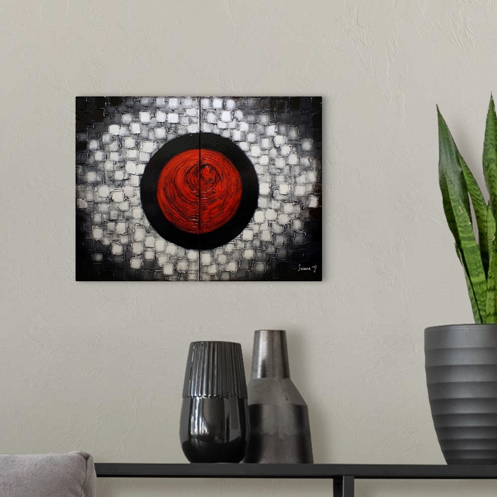A modern room featuring Abstract painting with a large red circle in the center inside of a larger black circle with laye...