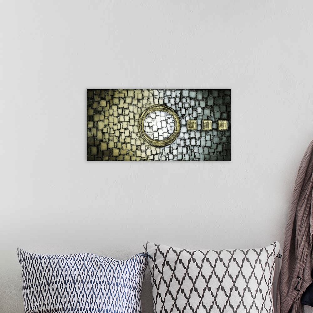 A bohemian room featuring Large abstract illustration with layered squares on the background and a large circle in the cent...
