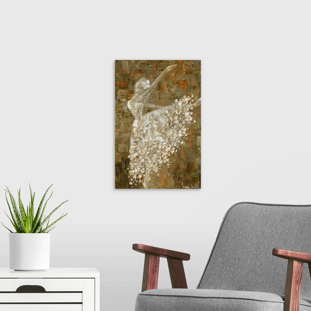 A modern room featuring Painting of a ballerina in a white ball gown on an abstract background of cool brown and rust sha...
