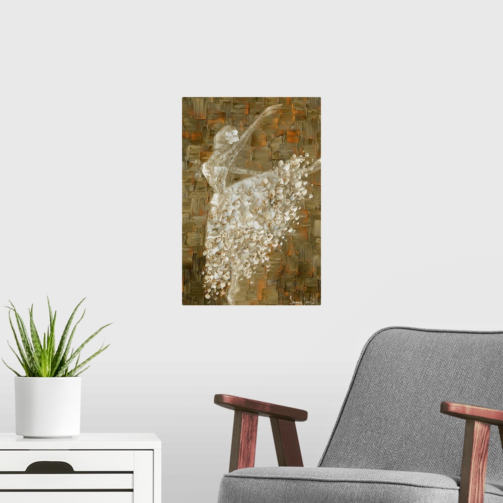 A modern room featuring Painting of a ballerina in a white ball gown on an abstract background of cool brown and rust sha...