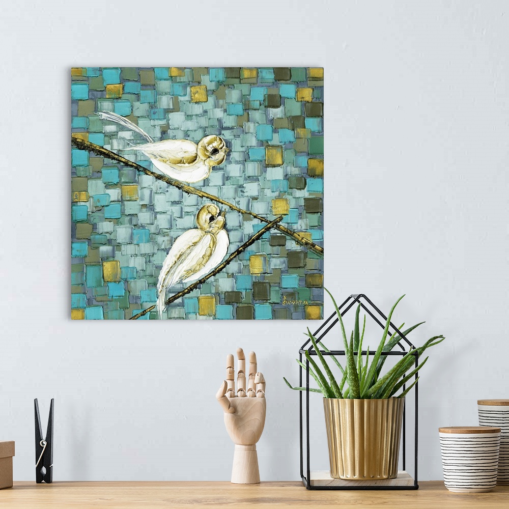 A bohemian room featuring White Love Birds on a Branch - Impressionist Abstract