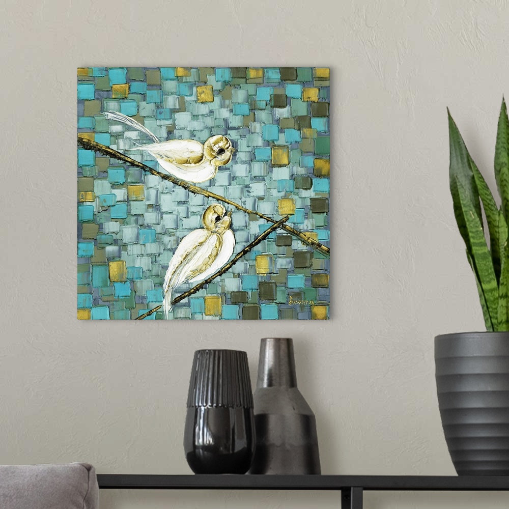 A modern room featuring White Love Birds on a Branch - Impressionist Abstract