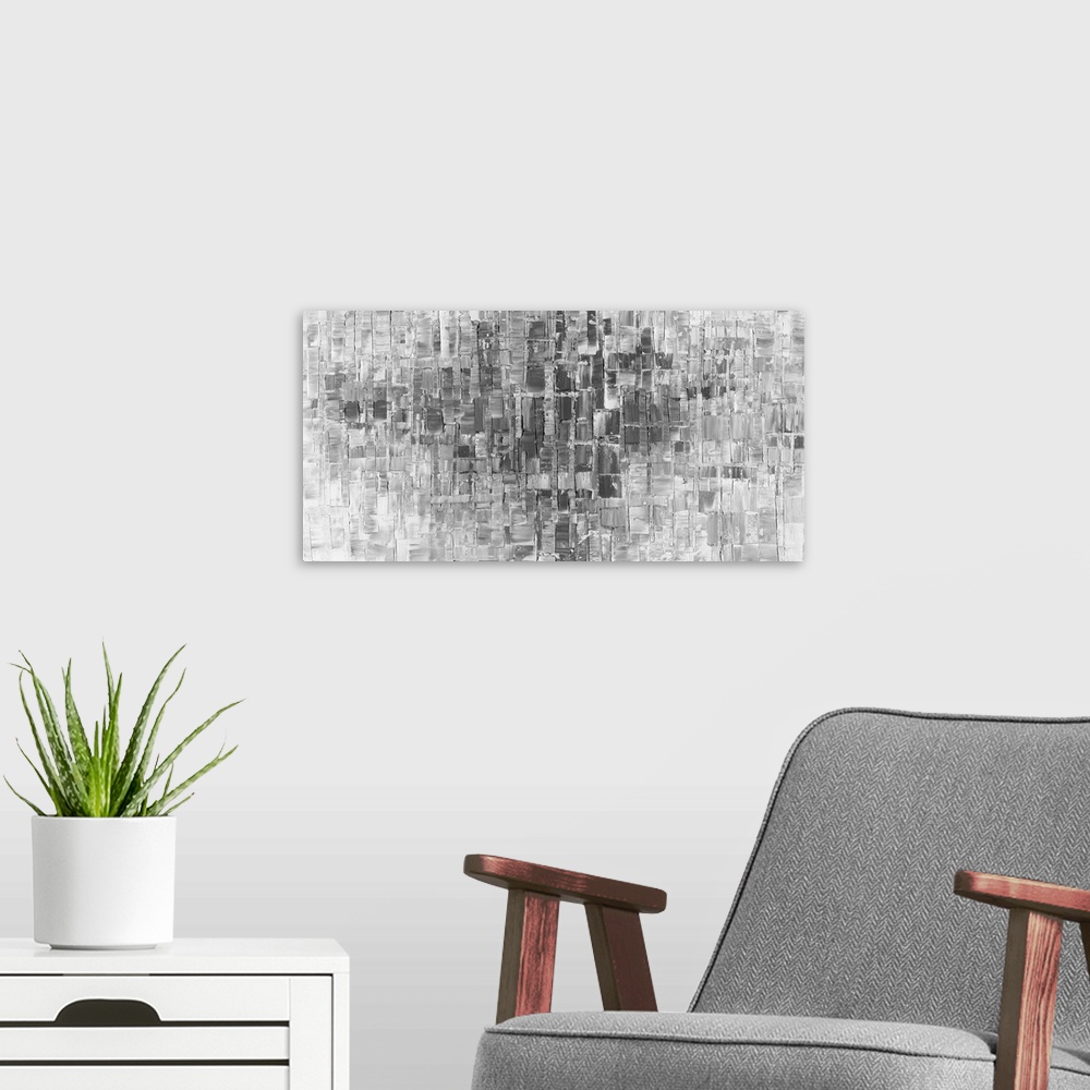 A modern room featuring Large abstract painting in gray and white hues with layered brushstrokes.