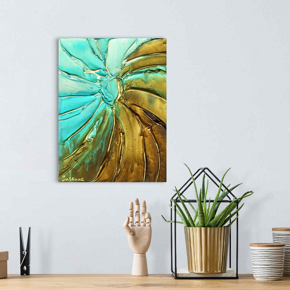 A bohemian room featuring Light blue and gold abstract painting with thick lines creating texture and movement.