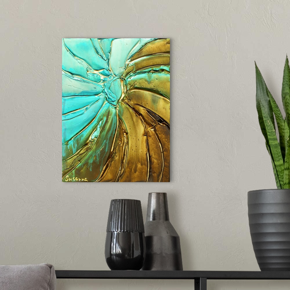 A modern room featuring Light blue and gold abstract painting with thick lines creating texture and movement.