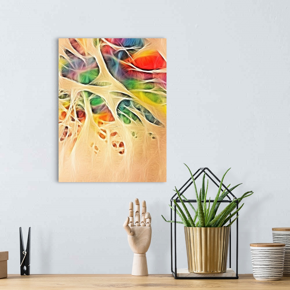 A bohemian room featuring Large abstract digital illustration with all of the colors of the rainbow in shapes on a neutral ...