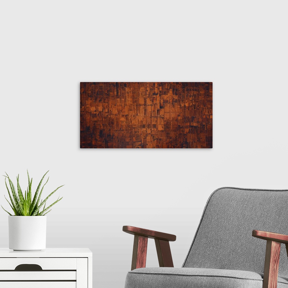 A modern room featuring Large brown and burnt orange abstract painting.