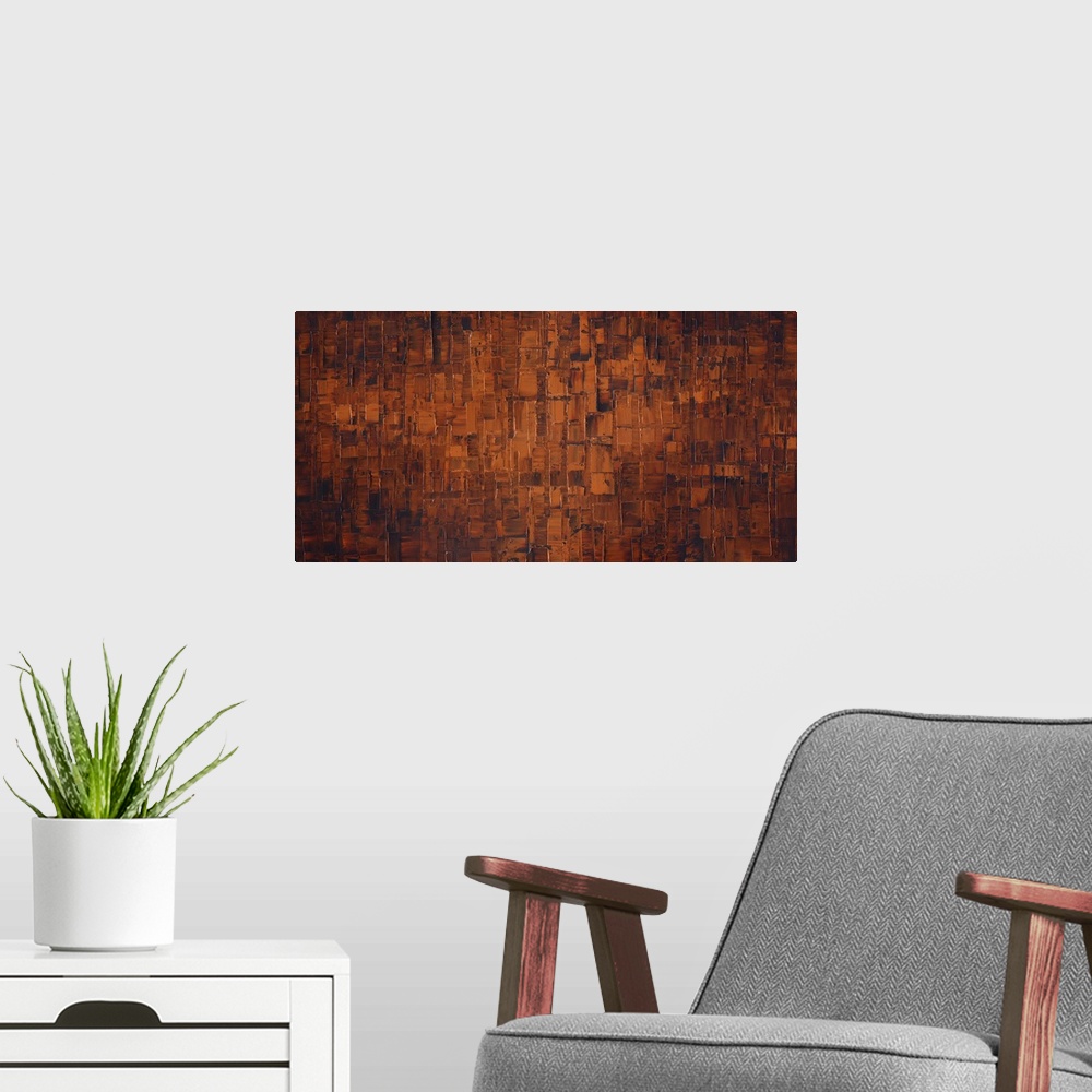 A modern room featuring Large brown and burnt orange abstract painting.