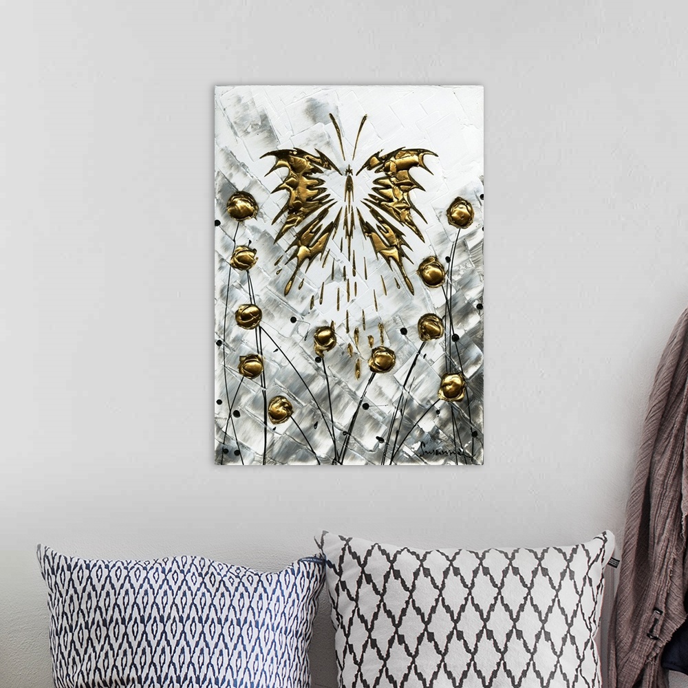 A bohemian room featuring Large abstract painting with metallic gold circular flowers and a large butterfly on a silver bac...