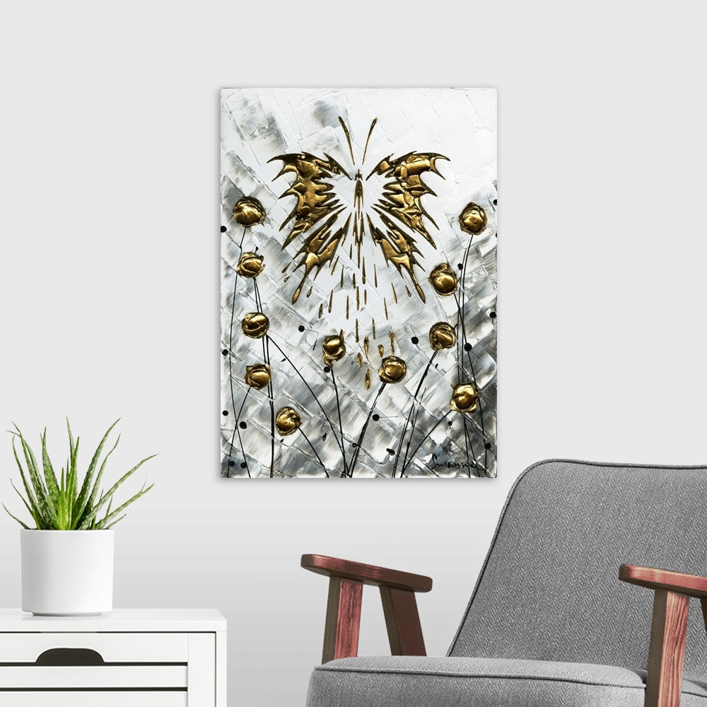 A modern room featuring Large abstract painting with metallic gold circular flowers and a large butterfly on a silver bac...