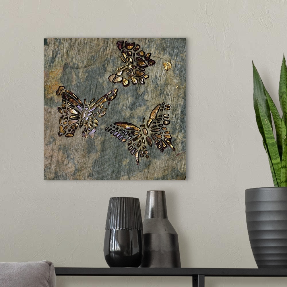 A modern room featuring Square painting with three butterflies made out of non connecting shapes, in gold and lavender sh...