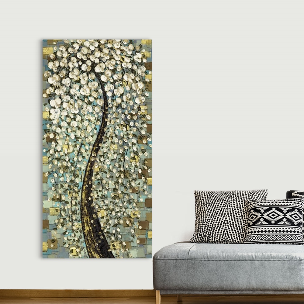 A bohemian room featuring Weeping White Cherry Blossoms Tree - Snow Fountain. White flowers over geometric background.