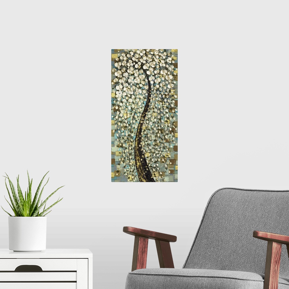 A modern room featuring Weeping White Cherry Blossoms Tree - Snow Fountain. White flowers over geometric background.