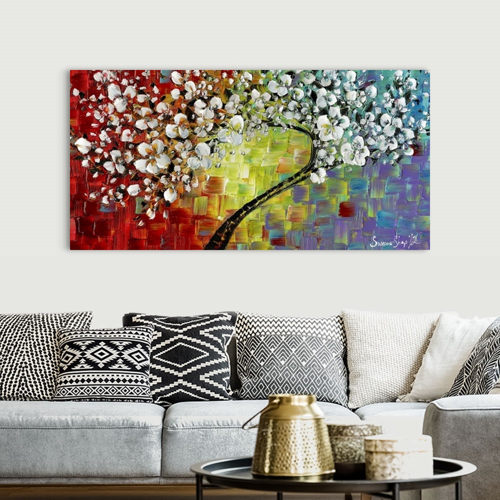 A bohemian room featuring White cherry blossom tree on a multicolored background created with square-like brushstrokes.