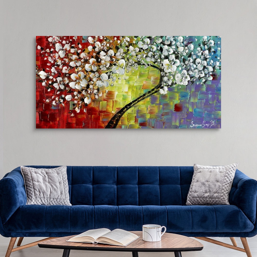 A modern room featuring White cherry blossom tree on a multicolored background created with square-like brushstrokes.