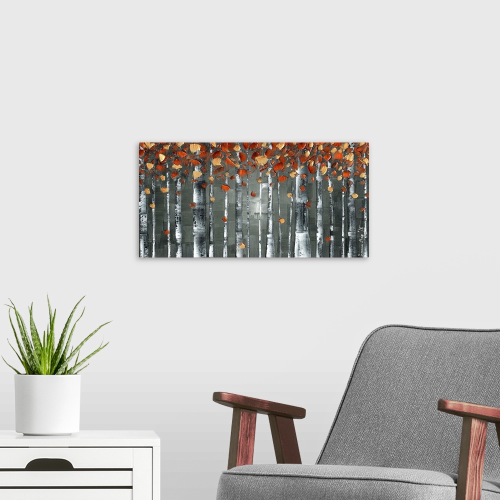 A modern room featuring Copper orange on charcoal gray, white birch tree trunks landscape art