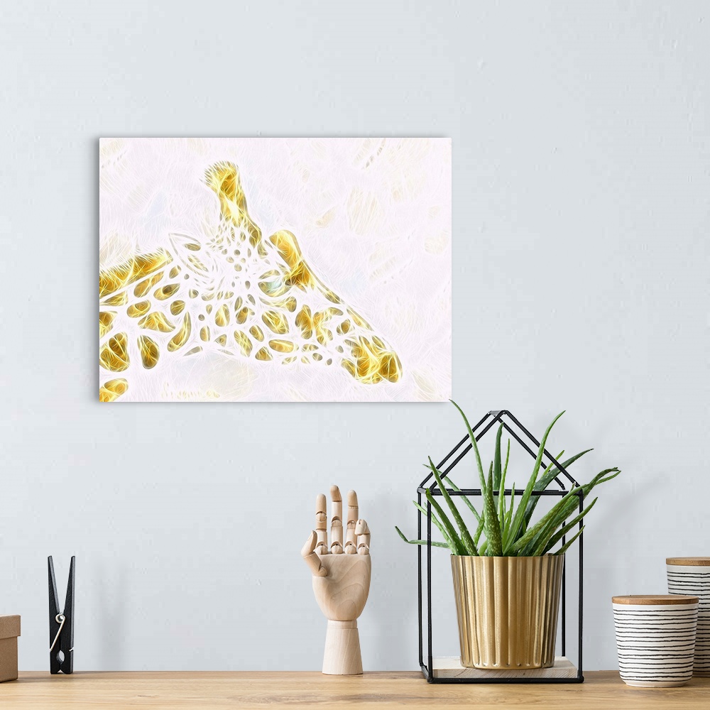 A bohemian room featuring Abstract digital illustration of a giraffe created with thin intertwining lines in gold and white.