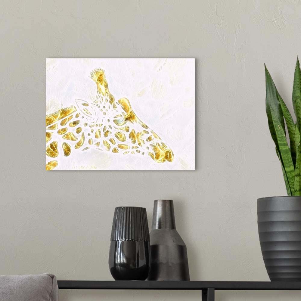 A modern room featuring Abstract digital illustration of a giraffe created with thin intertwining lines in gold and white.