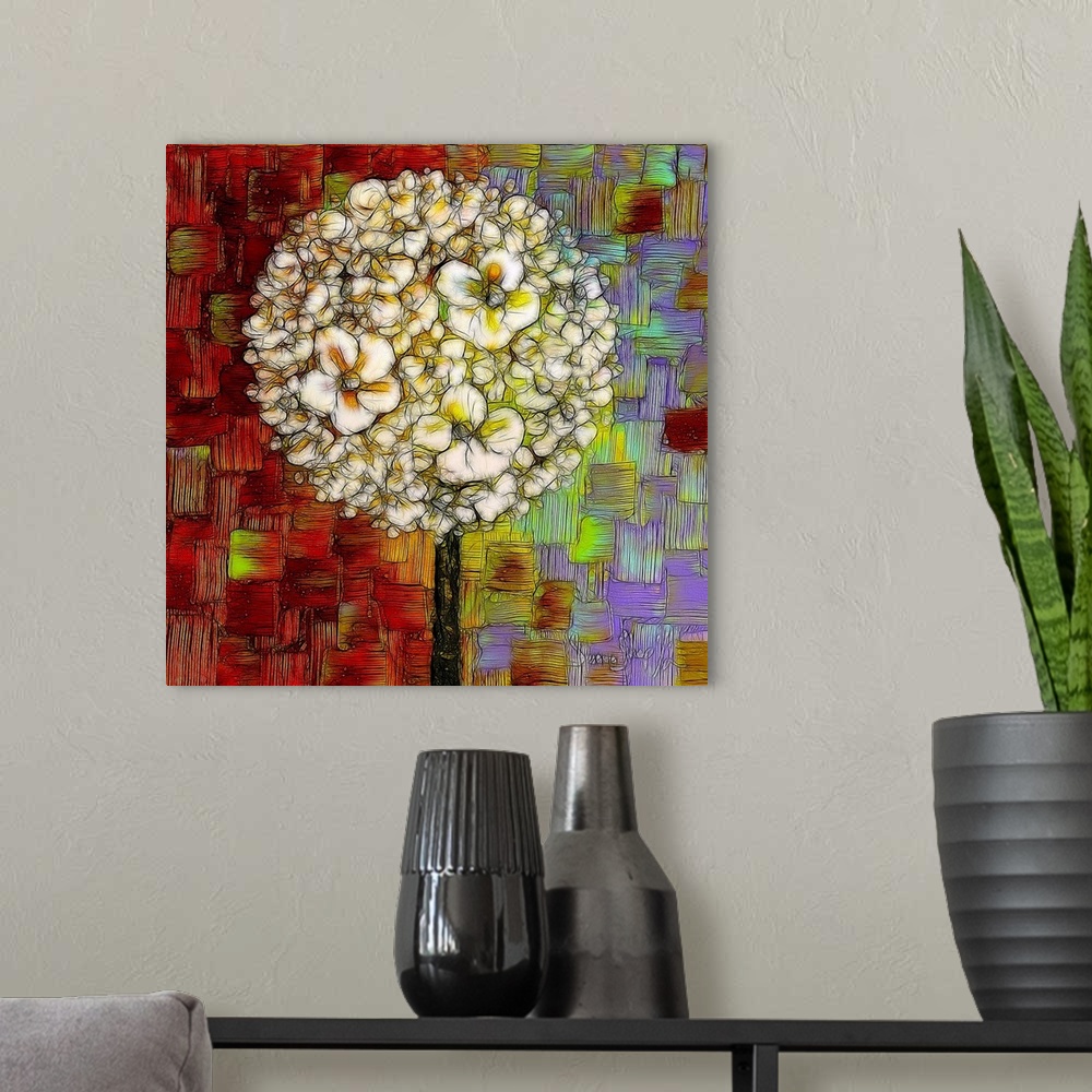 A modern room featuring Square digital illustration of a white blossom lollipop tree on a colorful background created wit...