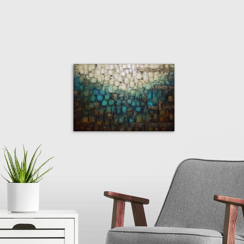 A modern room featuring Abstract painting with layered square brushstrokes with thick outlines creating texture in cream,...