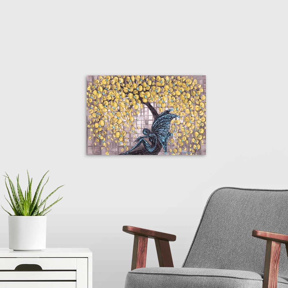 A modern room featuring Resting dark fairy highlighted with electric blue energy sitting under an abstract yellow cherry ...