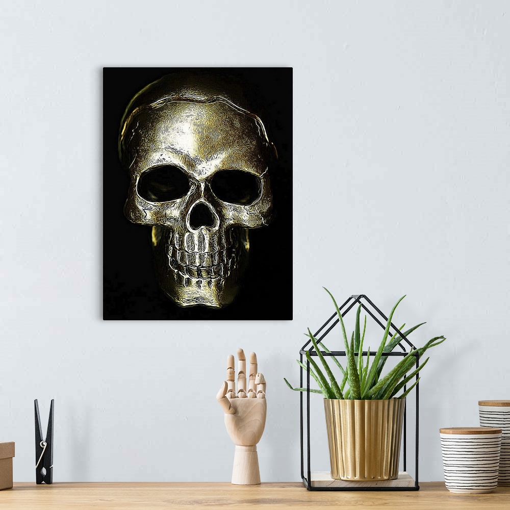 A bohemian room featuring Black, gold, and white digital illustration of a skull with detailed textures.