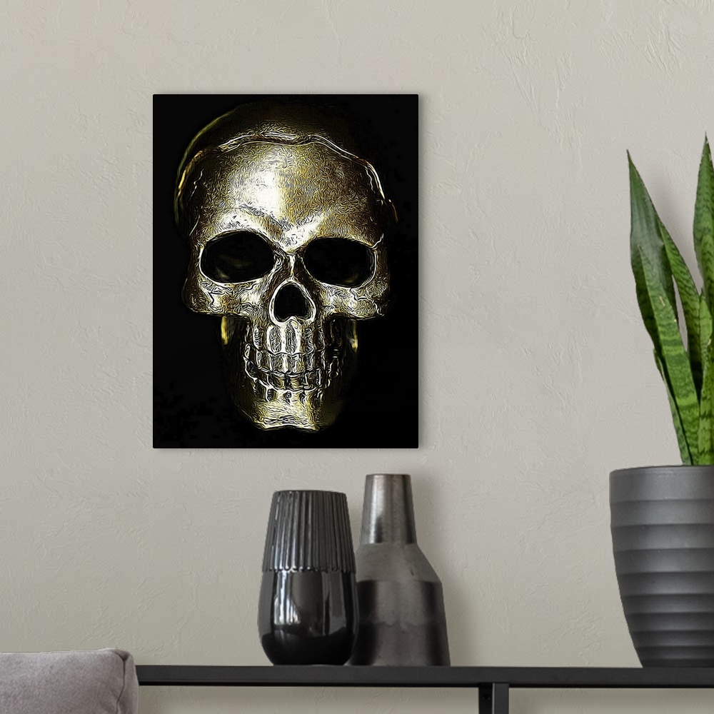 A modern room featuring Black, gold, and white digital illustration of a skull with detailed textures.