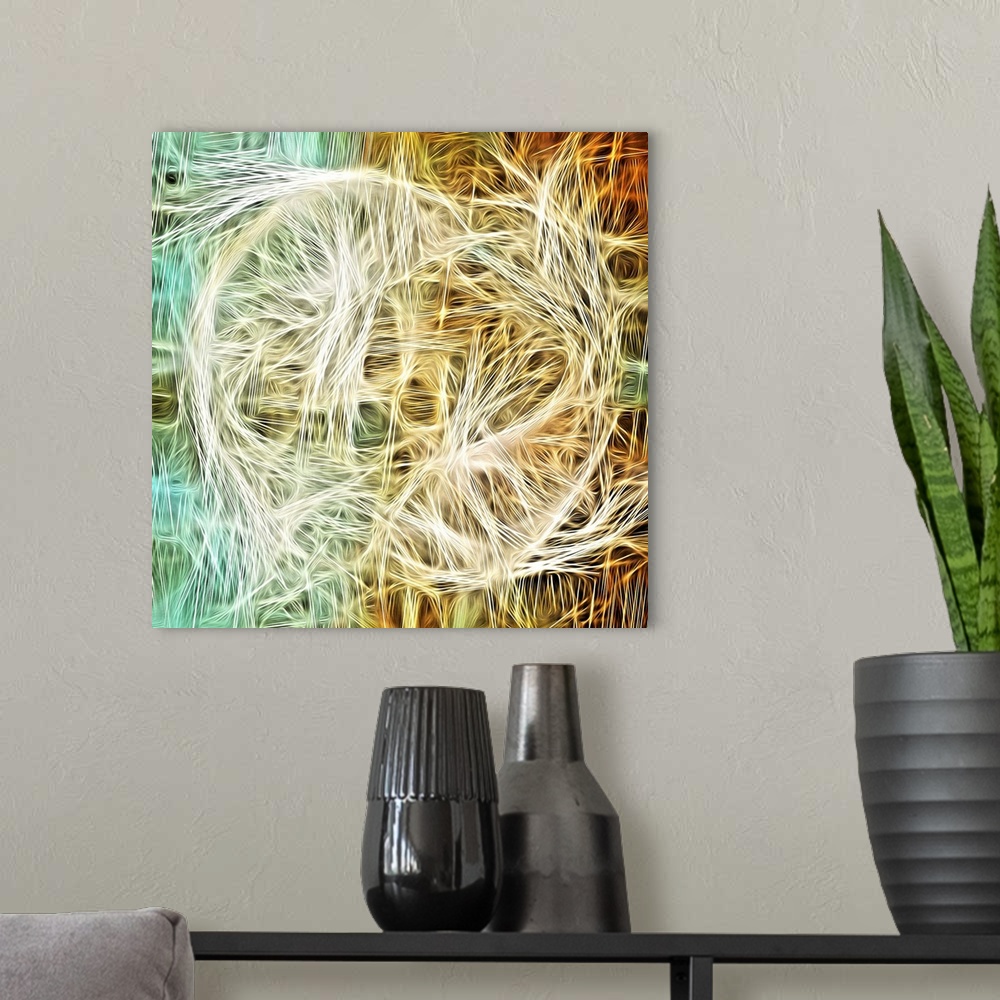 A modern room featuring Square abstract art with thin lines intertwining together in shades of blue, green, cream, orange...